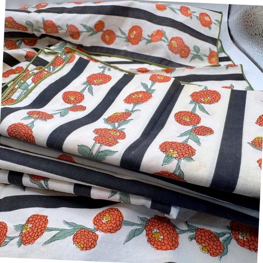 Vintage Floral Stripe‎ Napkins Set-6 Red Orange Flowers Black White cottagecore